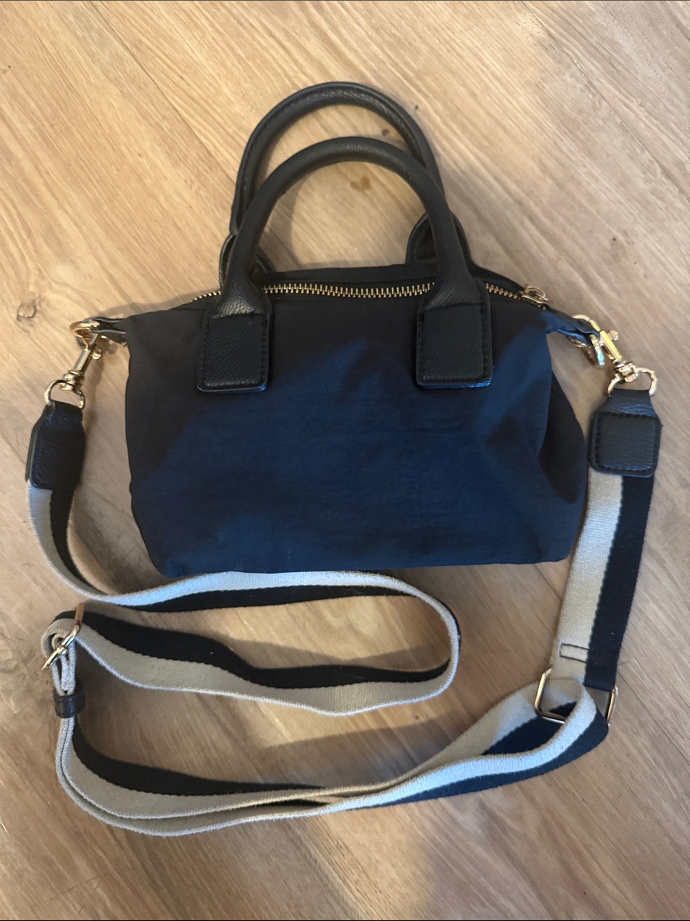 Black Canvas Mini Satchel with Detachable Stripe Strap
